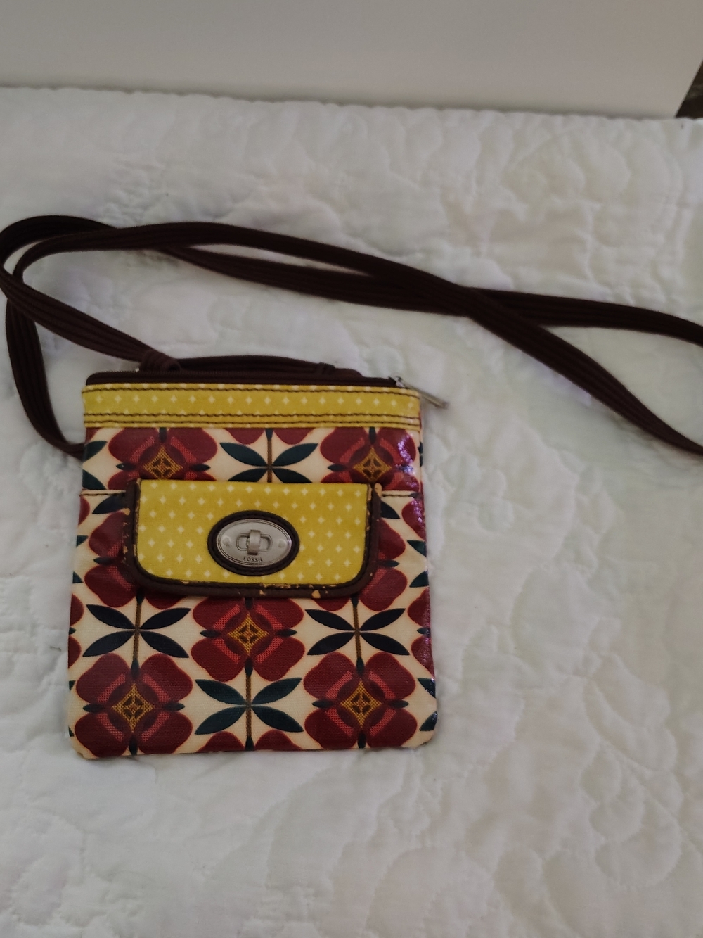 Fossil Key-Per Yellow and Maroon Floral Geometric Crossbody Bag